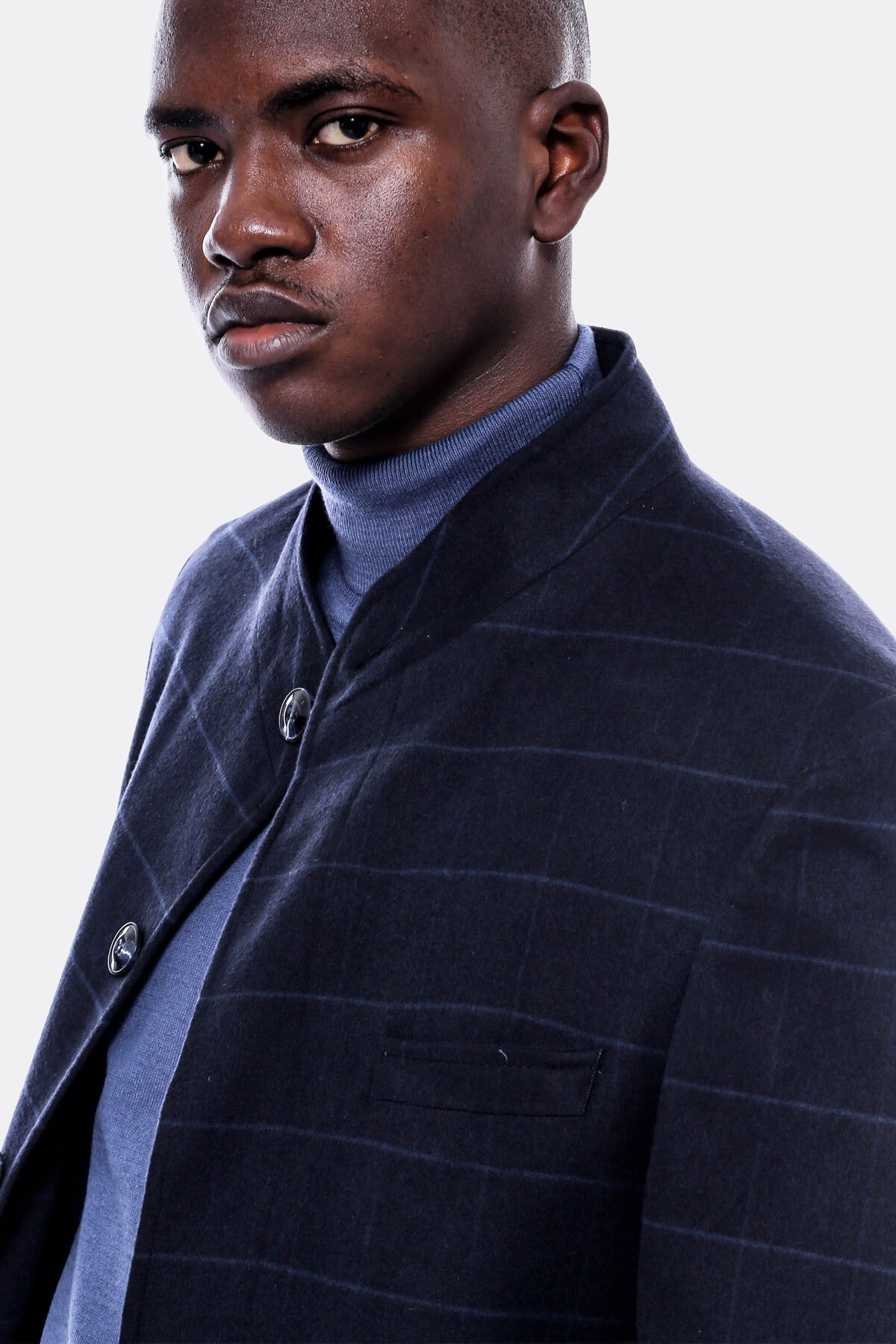 Mandarin Collar Navy Checked Coat - Wessi