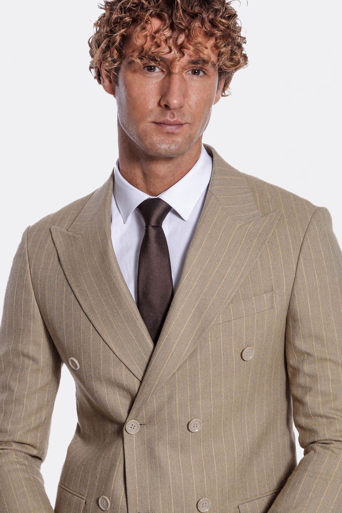 Striped Double Breasted Cream Men Blazer - Wessi