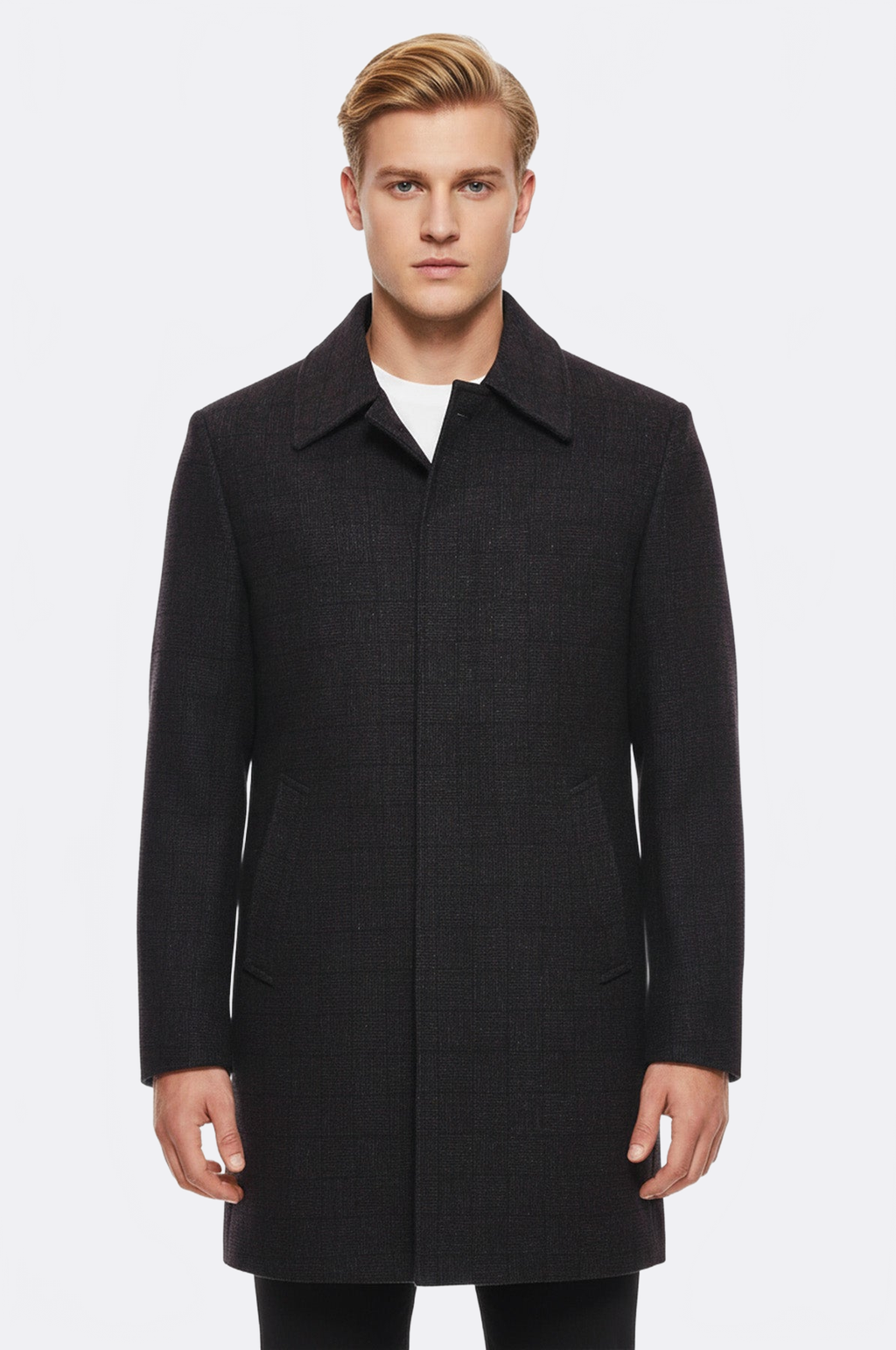Burgundy Checked Hidden Button Peak Lapel Coat - Wessi