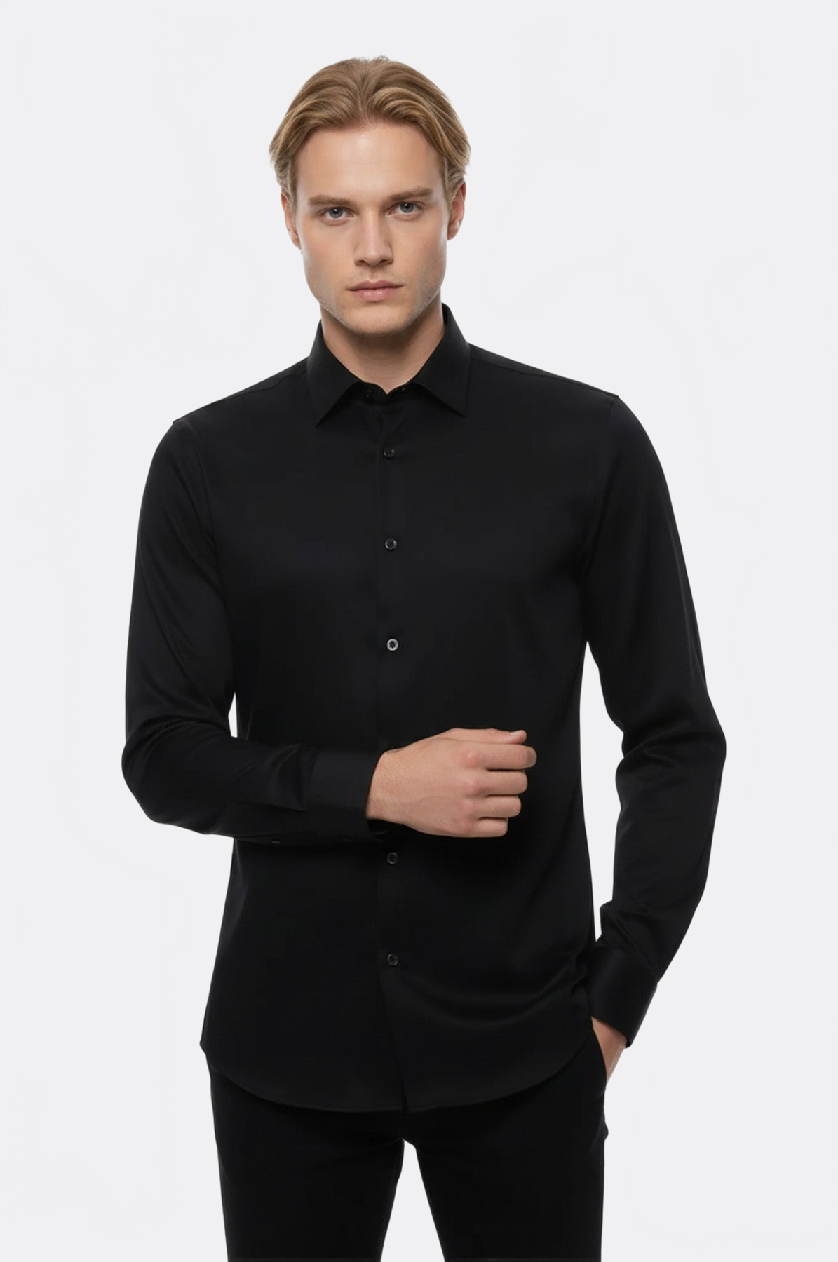 Cotton Satin Slim Fit Black Men Shirt - Wessi