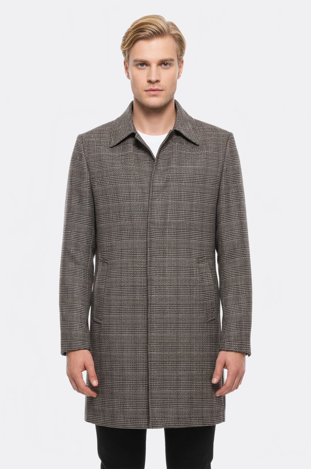 Brown Checked Hidden Button Coat - Wessi