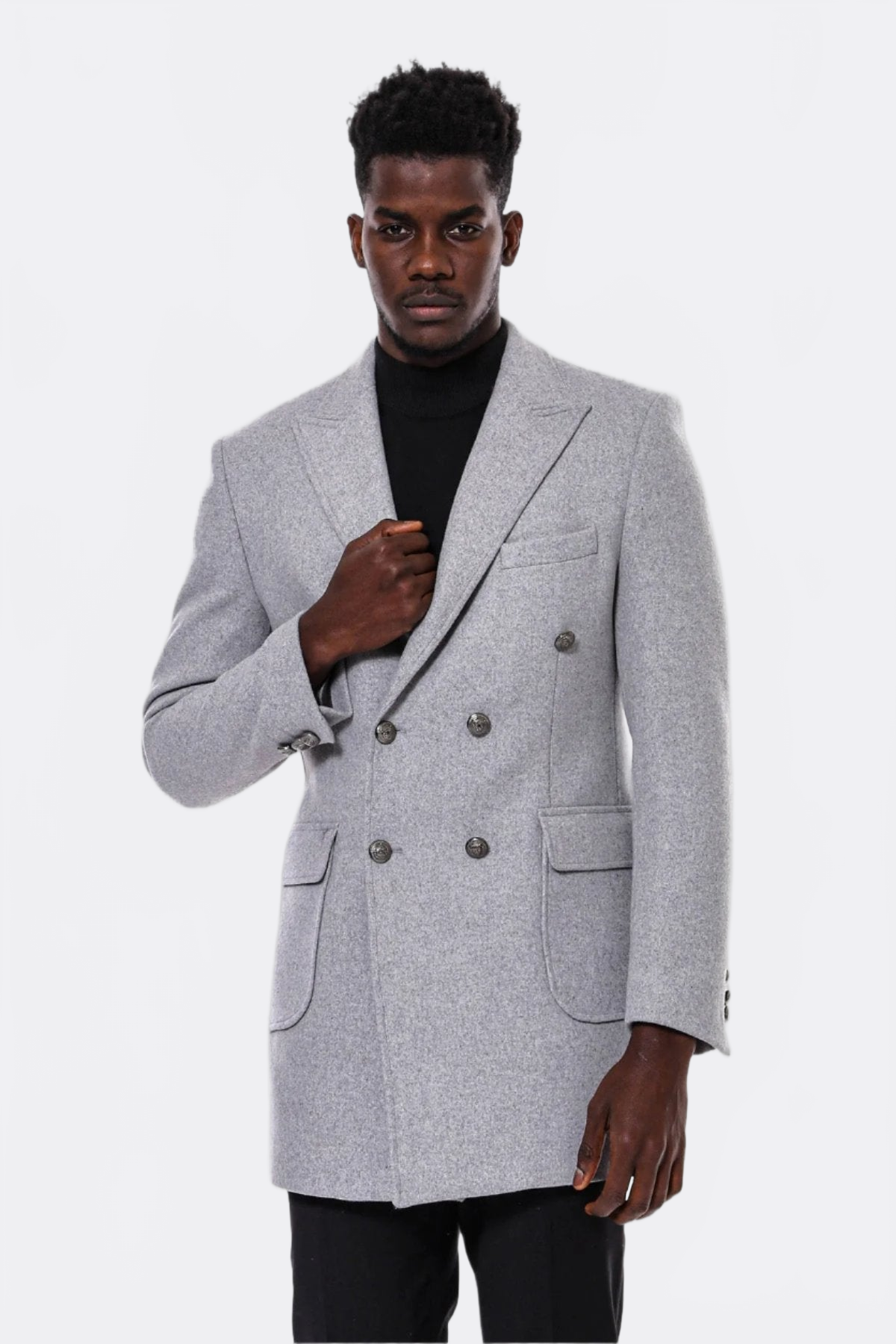 Grey Metal Buttoned Double Breasted Long Coat - Wessi
