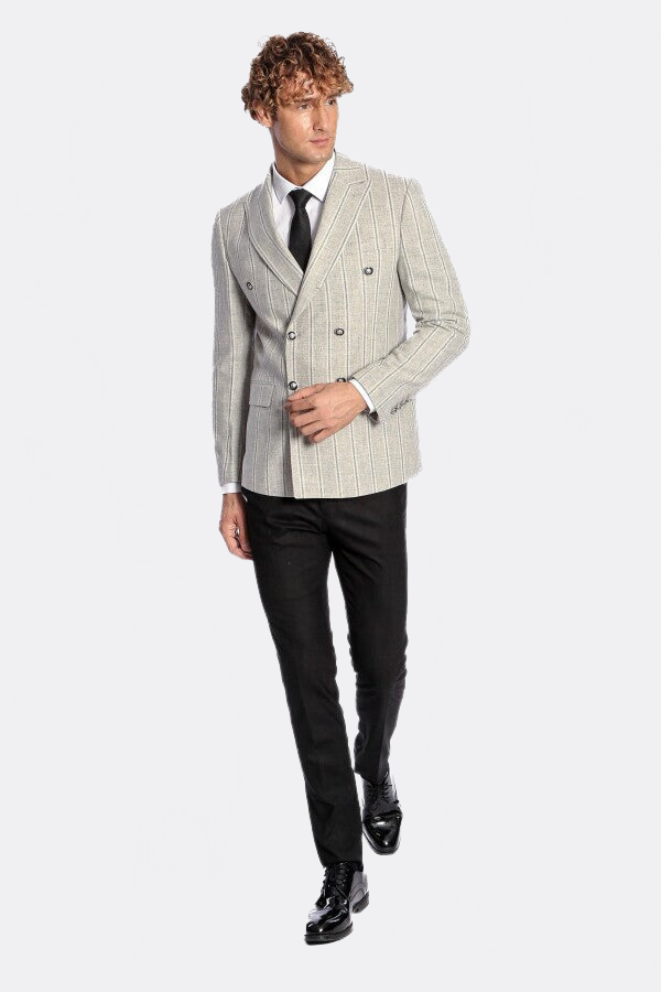 Wide Lapel Striped Double Breasted Grey Men Blazer - Wessi