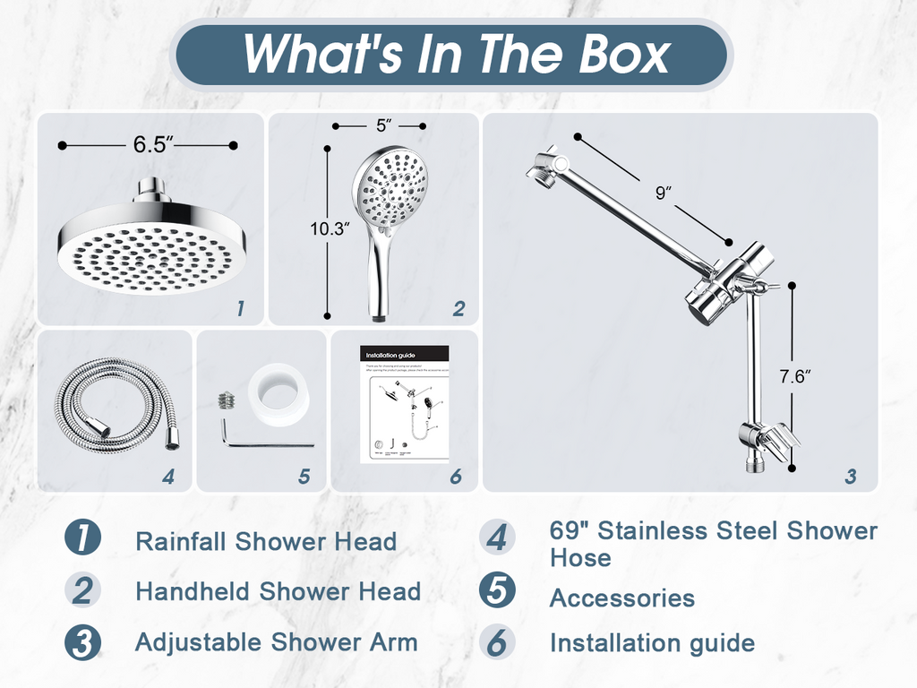 Dual Shower Head with Adjustable Extension Arm, 3-Way Diverter and Hose