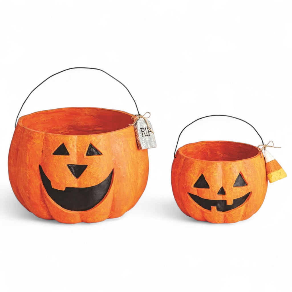 Paper Mache Orange Jack-O'-Lantern Treat Buckets | 2 Sizes