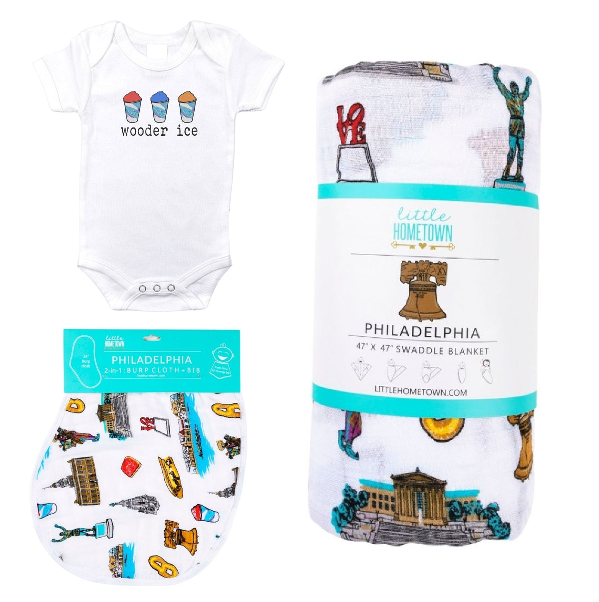 Philadelphia Newborn Water Ice Gift Bundle: Swaddle, Bib & Onesie