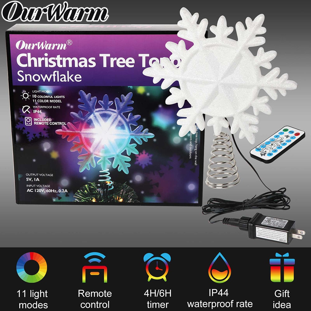 Christmas Tree Topper Lighted with White Snowflake Projector