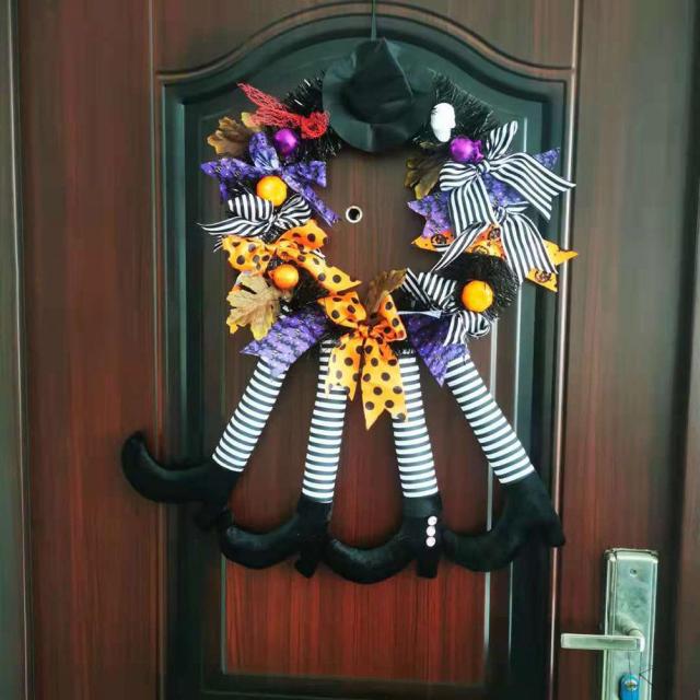 Halloween Wreath Door Hanging Decoration Halloween Witch Hat Leg Pumpkin