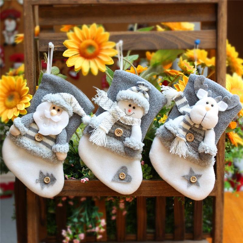 Xmas Stockings Gray Santa Claus Elk Snowman