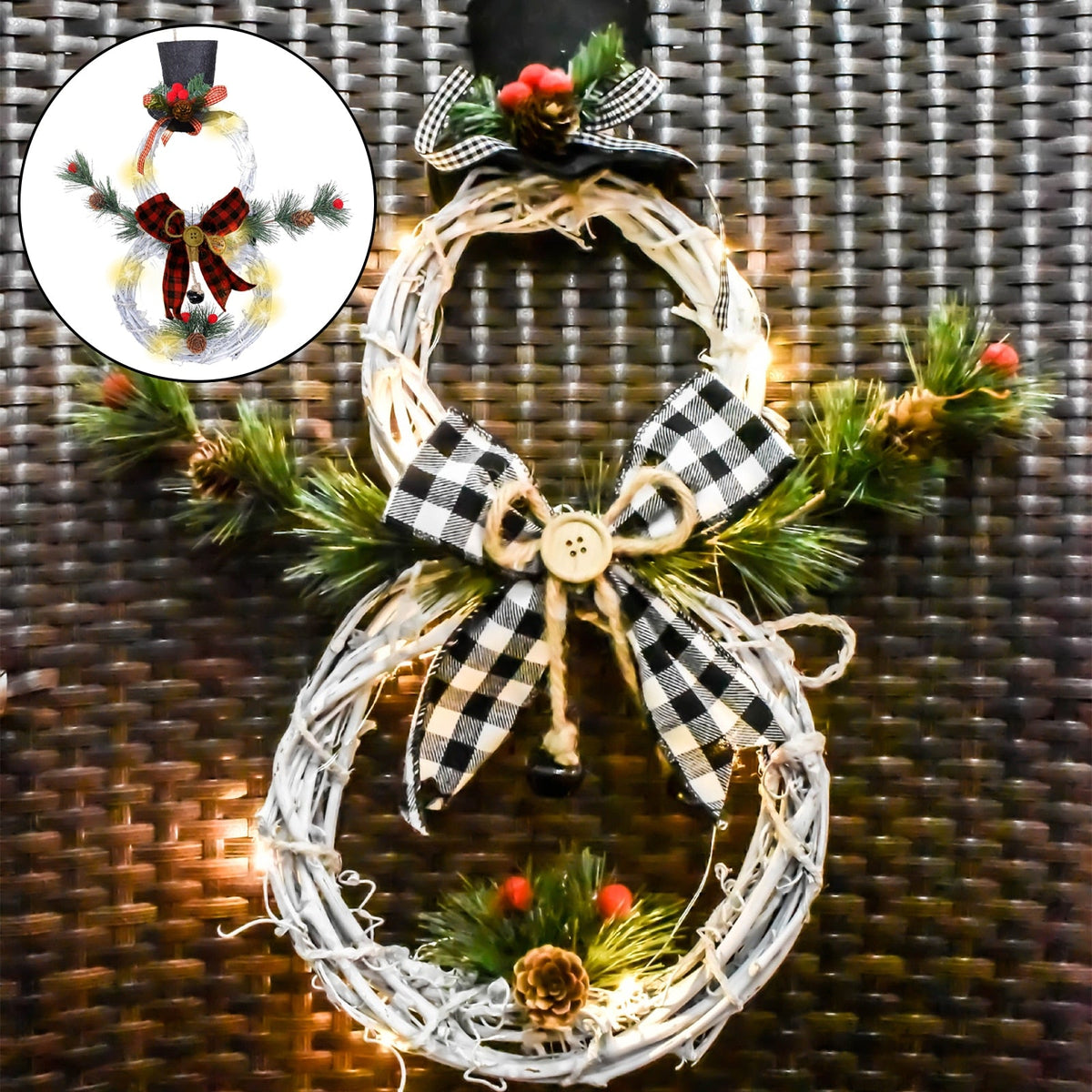 Christmas Wreath With Lights Decoration Snowman Artificial Wreath