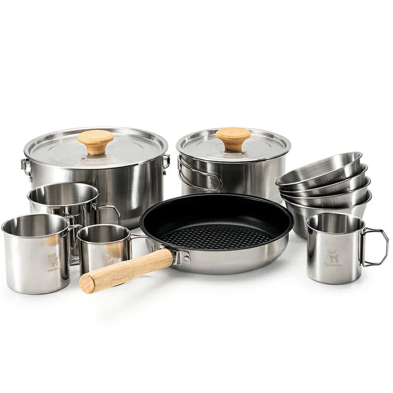 304 Stainless Steel 5-Piece Camping Cookware Set with Teflon Coating