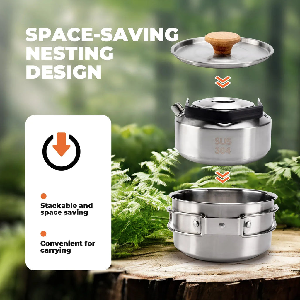 Stainless Steel Tea Set with Foldable Pot and Kettle for Outdoor Adventures