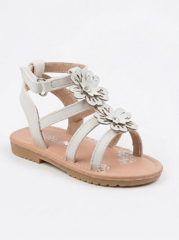 Petalia  Little Girls Flowers And Shimmer Detail Sandals, Size 9/White