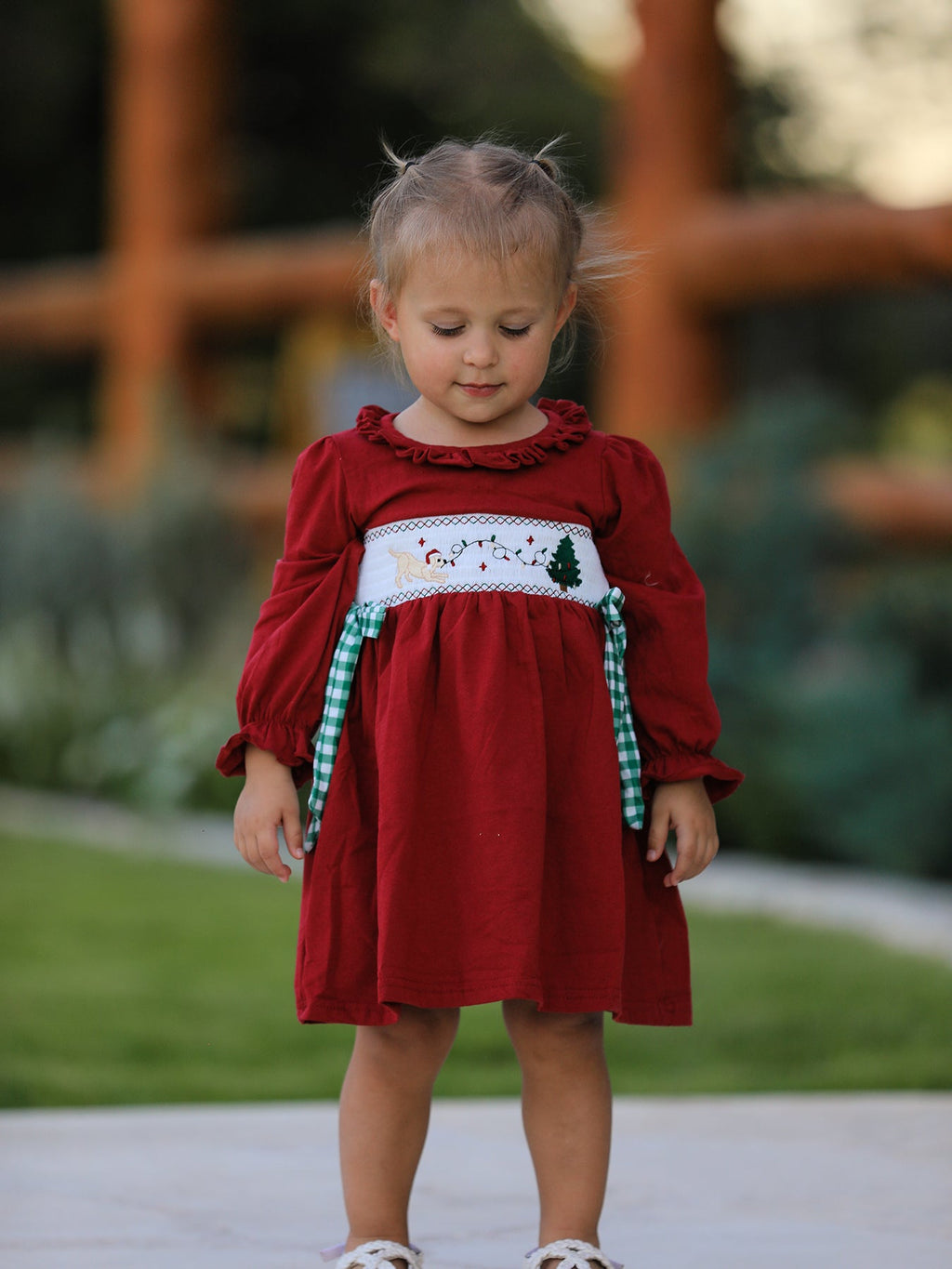 Christmas Smocking Embroidered Girls Dress with Green Plaid Bow