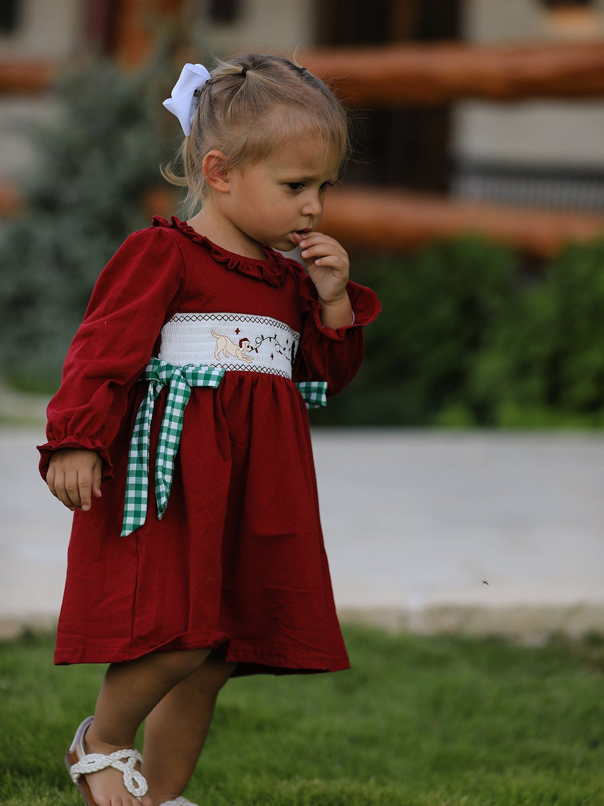 Christmas Smocking Embroidered Girls Dress with Green Plaid Bow