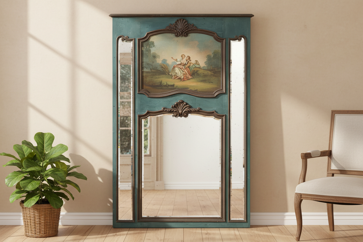 Rococo Blue, Antique French Beveled Trumeau Mirror