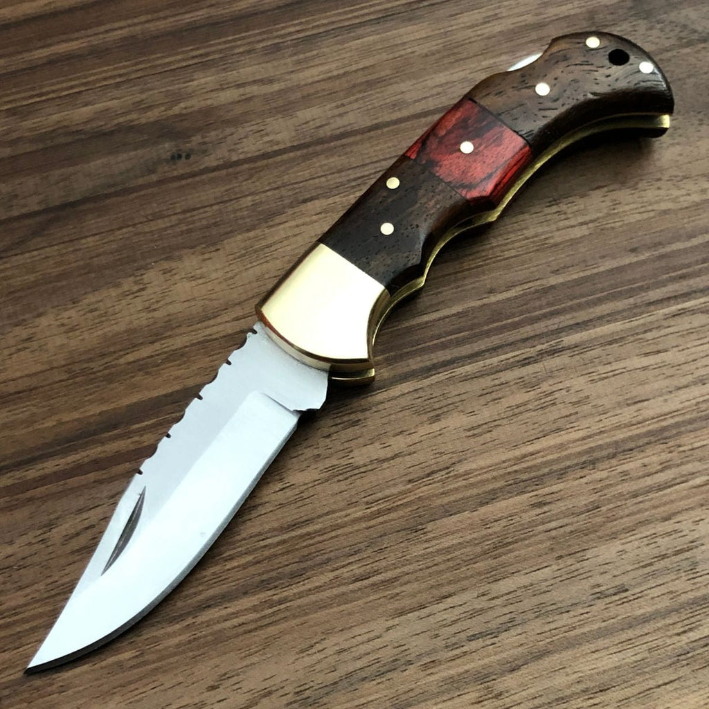 KBS Knives Store Exquisite D2 Steel Utility Folding Pocket Knife with Rosewood-Exotic Pakka Wood Handle and Leather Case