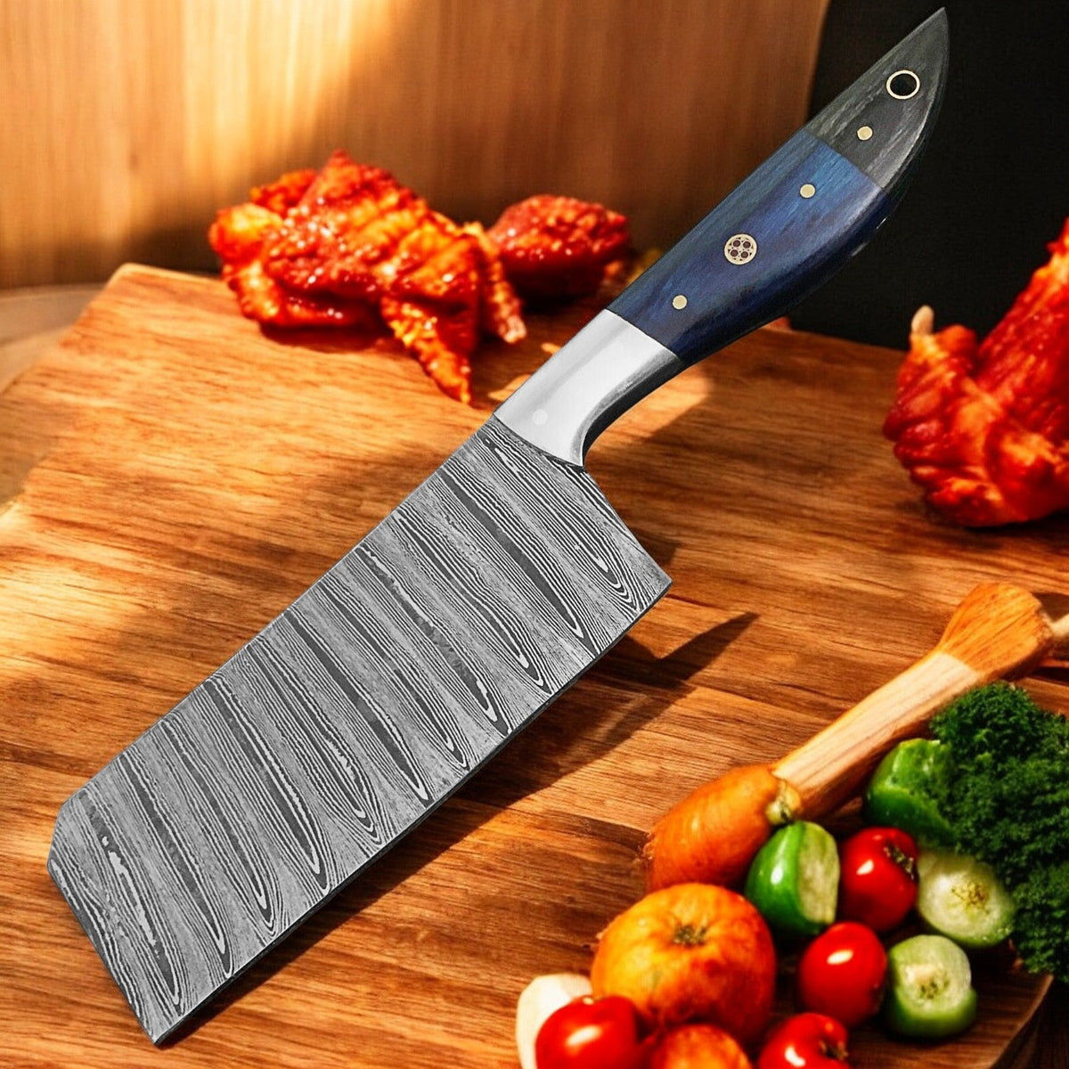 Meat Hacker – Damascus cleaver knife with exotic pakka wood handle & leather sheath