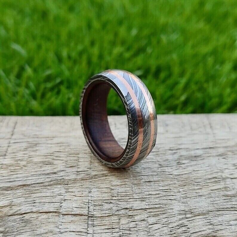 Infinite Promise Damascus Steel Vow Renewal Ring with Copper Lines and RoseWood Inlay by KBS Knives Store