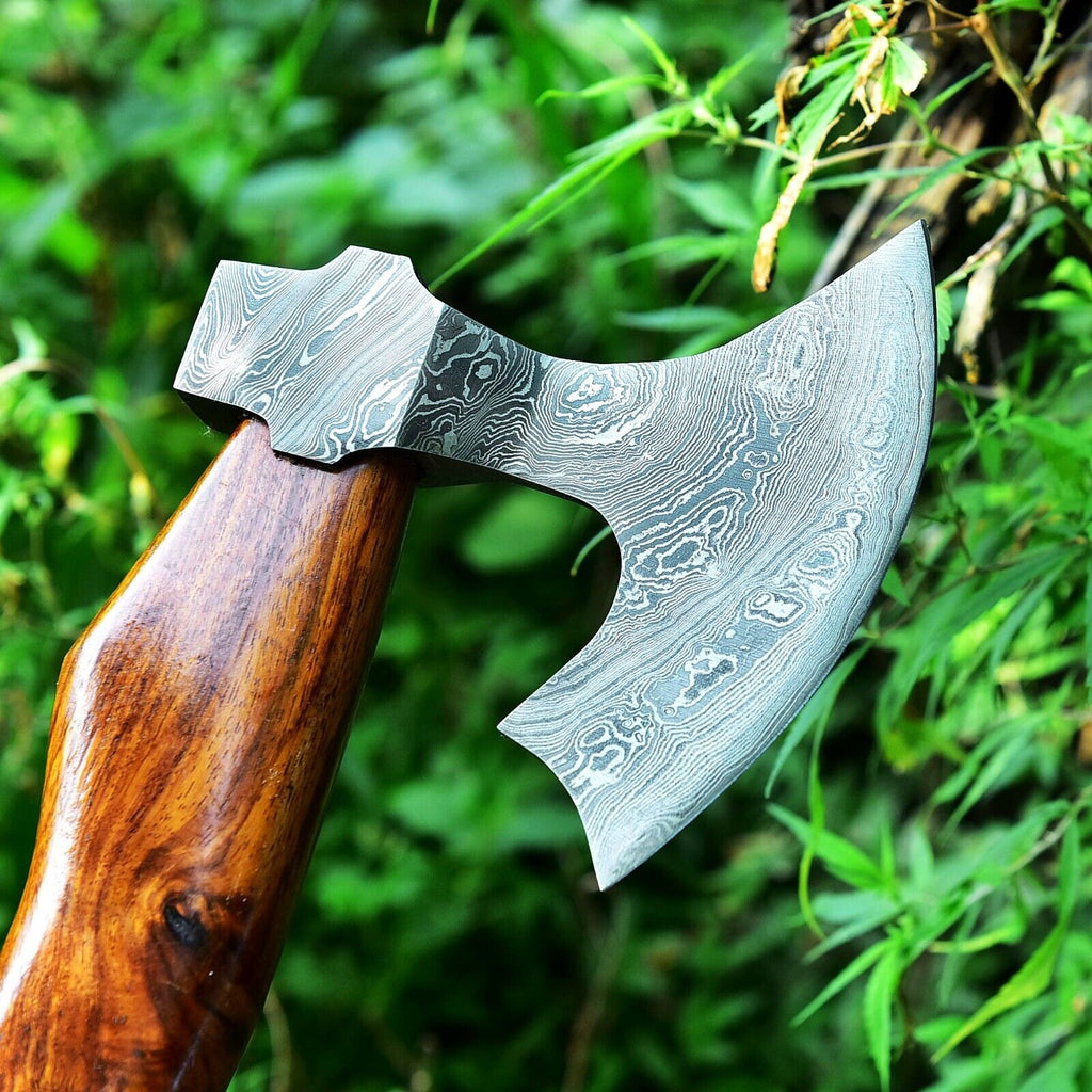 Custom Handmade Damascus Steel Tomahawk Axe with Rosewood Handle - 17 Inches by KBS Knives Store