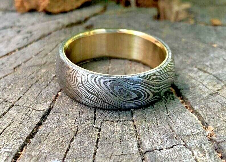 Custom Damascus Steel Anniversary Ring with Brass Inlay