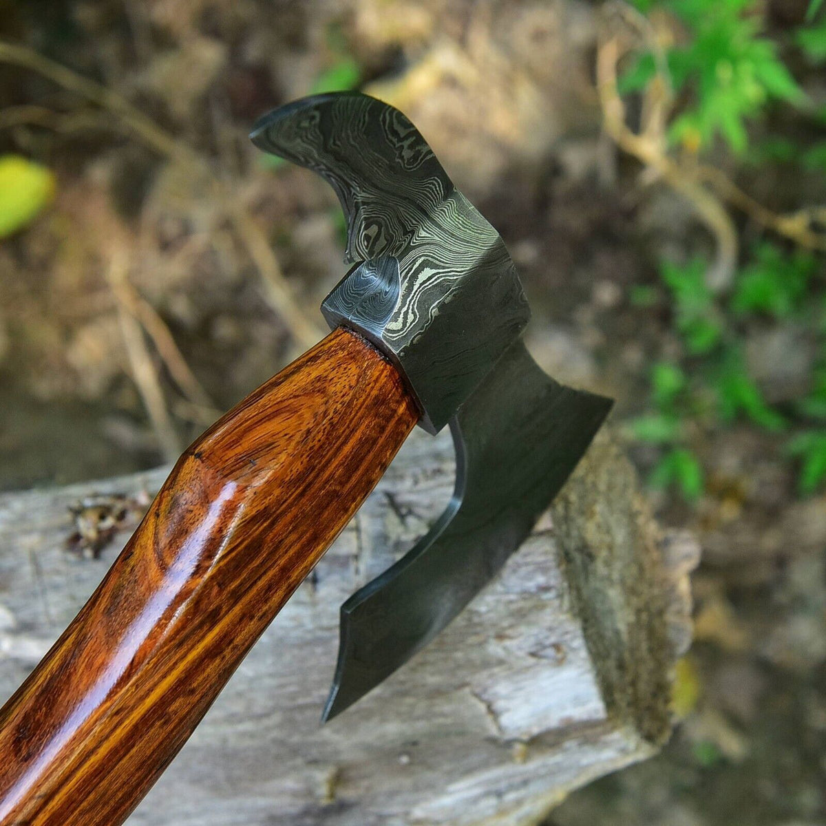 Tomahawk Axe with Custom Handmade Forged Damascus Steel Blade – "Rosewood Warrior"