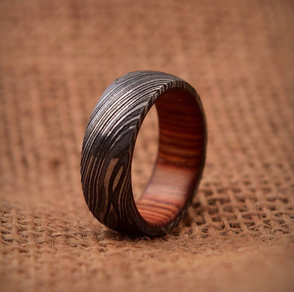 Timeless Bond Damascus Steel Anniversary Ring with Wooden Inlay by KBS Knives Store