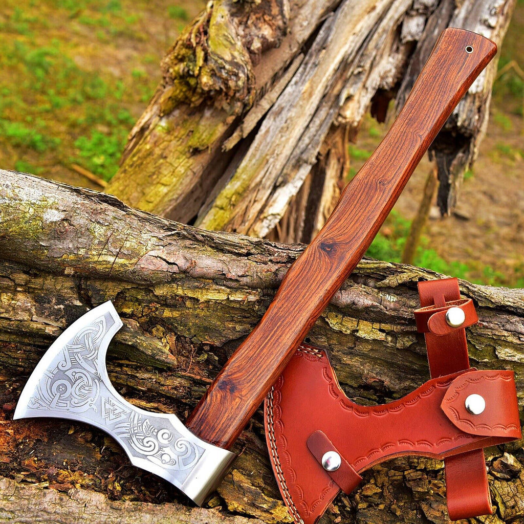Custom Handmade Hand Engraved High Carbon Steel Viking Tomahawk Axe with Rosewood Handle by KBS Knives Store