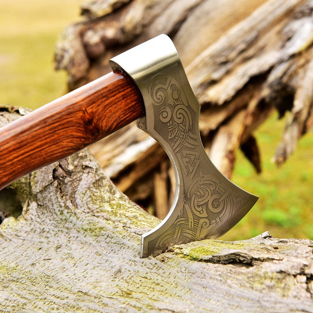 Custom Handmade Hand Engraved High Carbon Steel Viking Tomahawk Axe with Rosewood Handle by KBS Knives Store