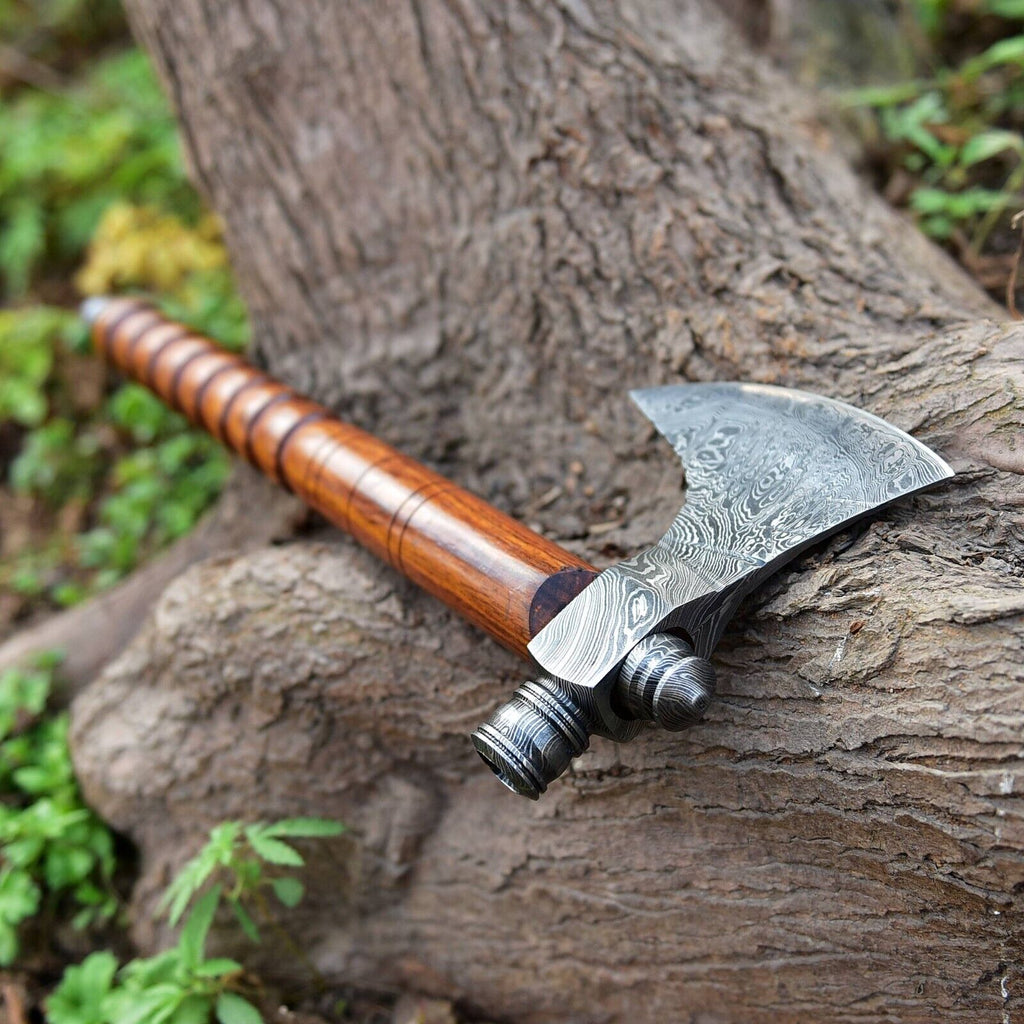 Native American Smoking Tomahawk with Custom Handmade Forged Damascus Steel Blade – "Spirit of the Pipe"
