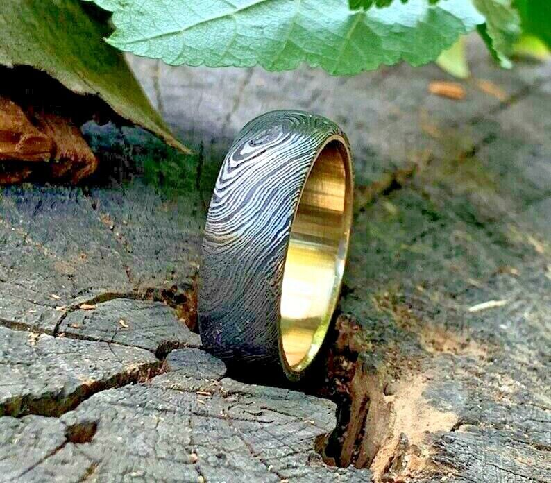 Custom Damascus Steel Anniversary Ring with Brass Inlay