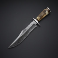 Heritage Hunter: Bowie Knife with Twist Damascus Steel Blade, Antler Horn Handle, and Leather Sheath