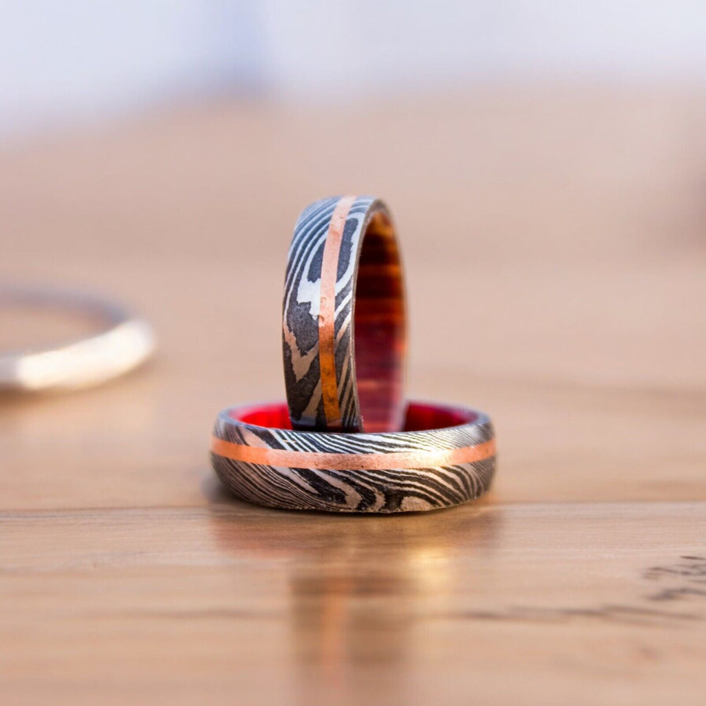 Eternal Harmony Damascus Steel Unity Ceremony Ring with Brass Line and Wood Inlay by KBS Knives Store