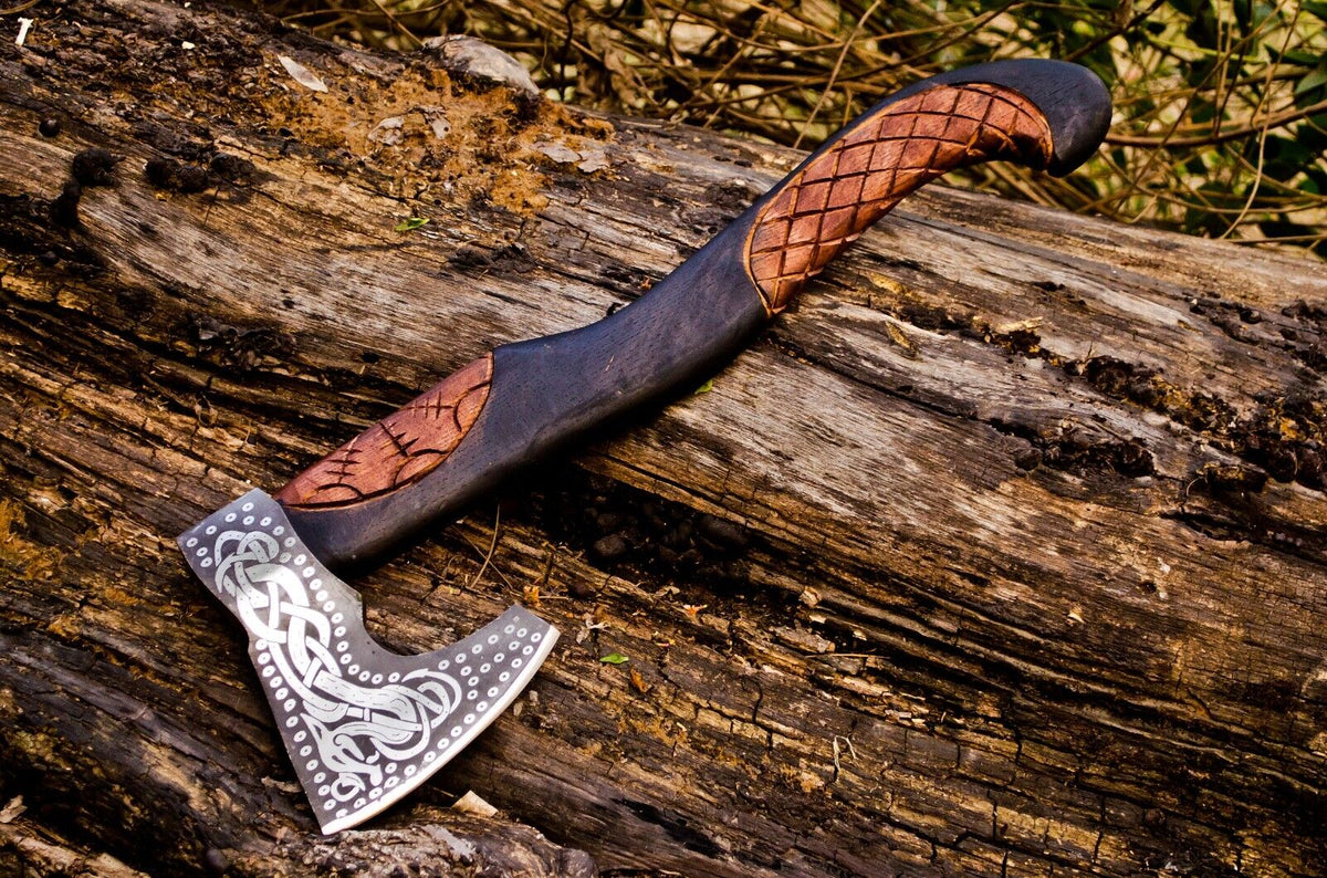 Handcrafted Battle Axe with Engraved 1095 Steel Blade and Hand Engraved Rosewood Handle – KBS Knives Store
