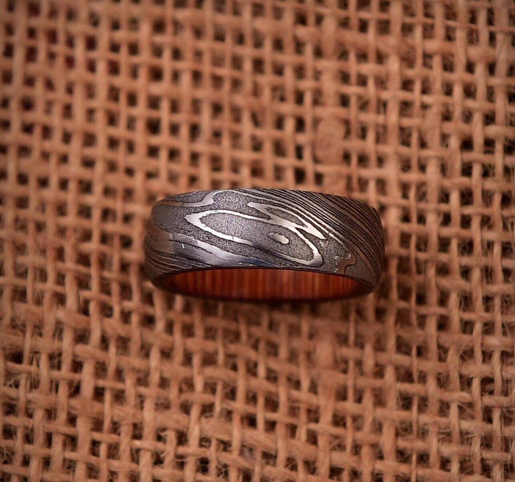 Timeless Bond Damascus Steel Anniversary Ring with Wooden Inlay by KBS Knives Store