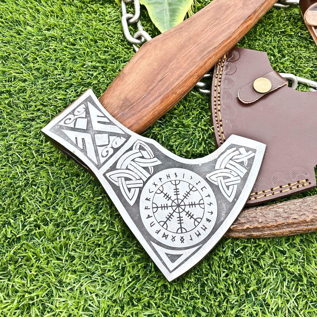 Viking Combat Axe with Custom Handmade Forged Engraved 1095 Steel Blade and Rosewood Handle – Odin’s Fury