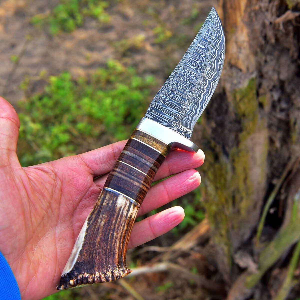 Custom Handmade Damascus Steel Hunting Knife with Rosewood, Stag Horn and Steel Guard Handle - 9 Inches by KBS Knives Store