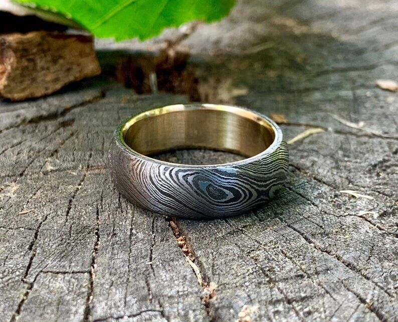 Custom Damascus Steel Anniversary Ring with Brass Inlay