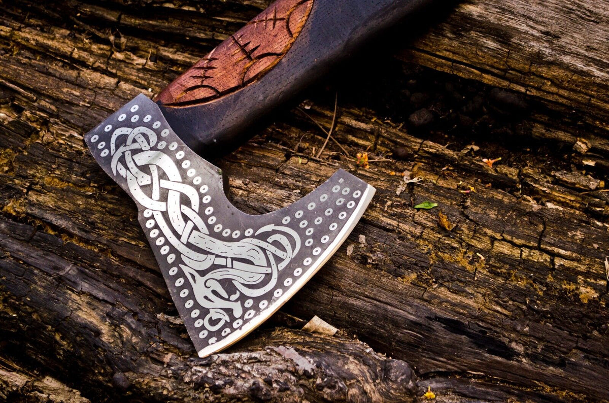 Handcrafted Battle Axe with Engraved 1095 Steel Blade and Hand Engraved Rosewood Handle – KBS Knives Store