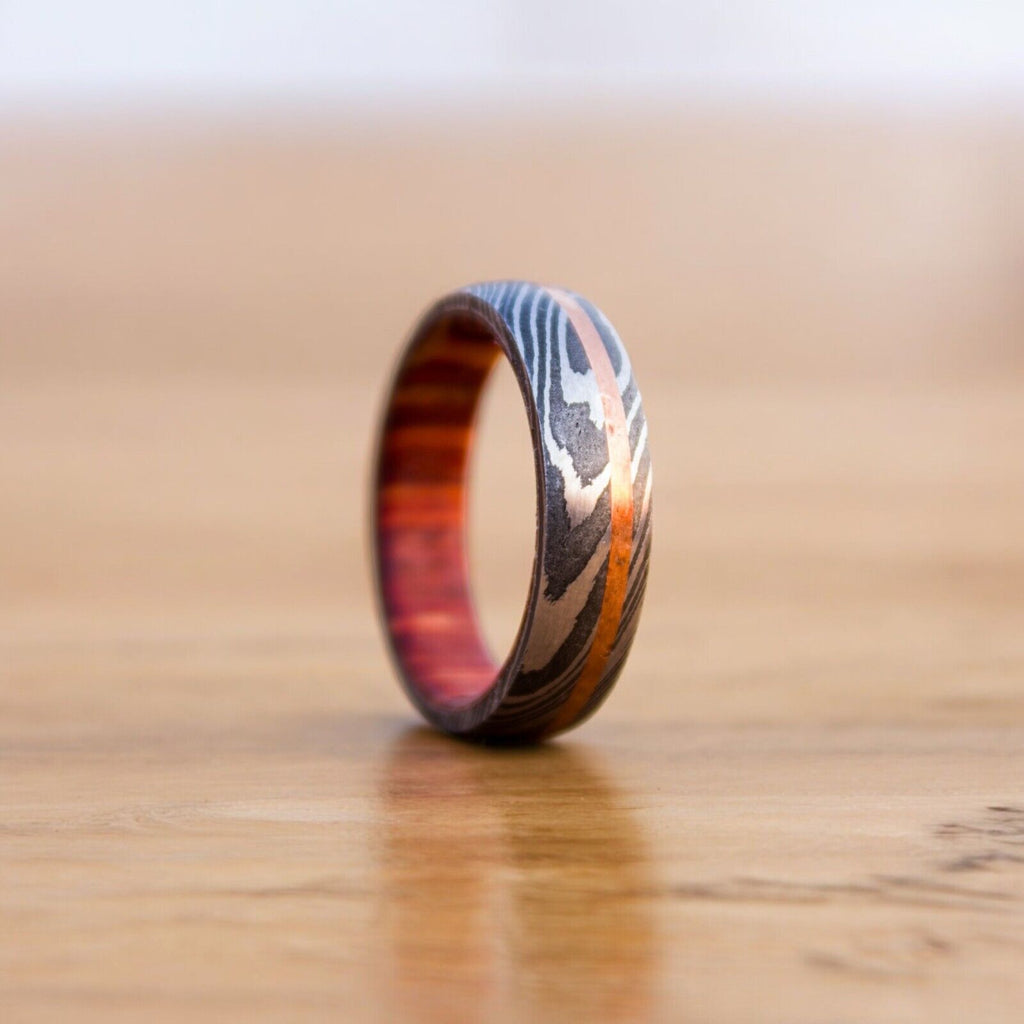 Eternal Harmony Damascus Steel Unity Ceremony Ring with Brass Line and Wood Inlay by KBS Knives Store