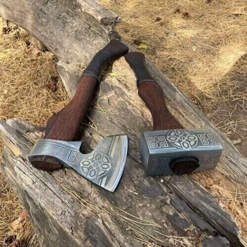 Battle Axe Set: Tomahawk and Hammer with Custom Handmade Forged Engraved 1095 Steel Blade – Warrior's Duo