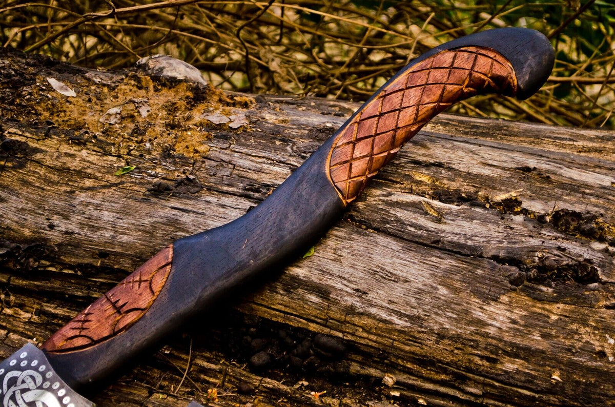 Handcrafted Battle Axe with Engraved 1095 Steel Blade and Hand Engraved Rosewood Handle – KBS Knives Store