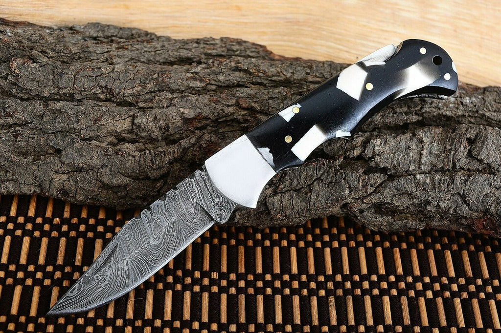 Best Folding Pocket Knife with Black and White Epoxy Resin and Steel Bolster Handle, 3-inch Blade Length