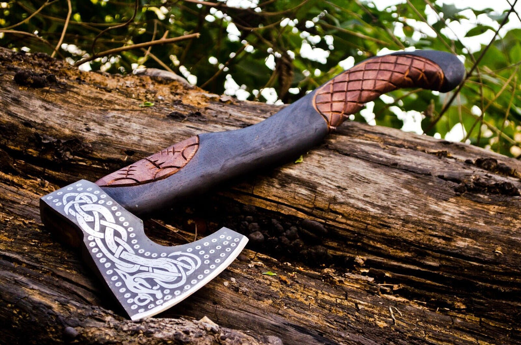 Handcrafted Battle Axe with Engraved 1095 Steel Blade and Hand Engraved Rosewood Handle – KBS Knives Store