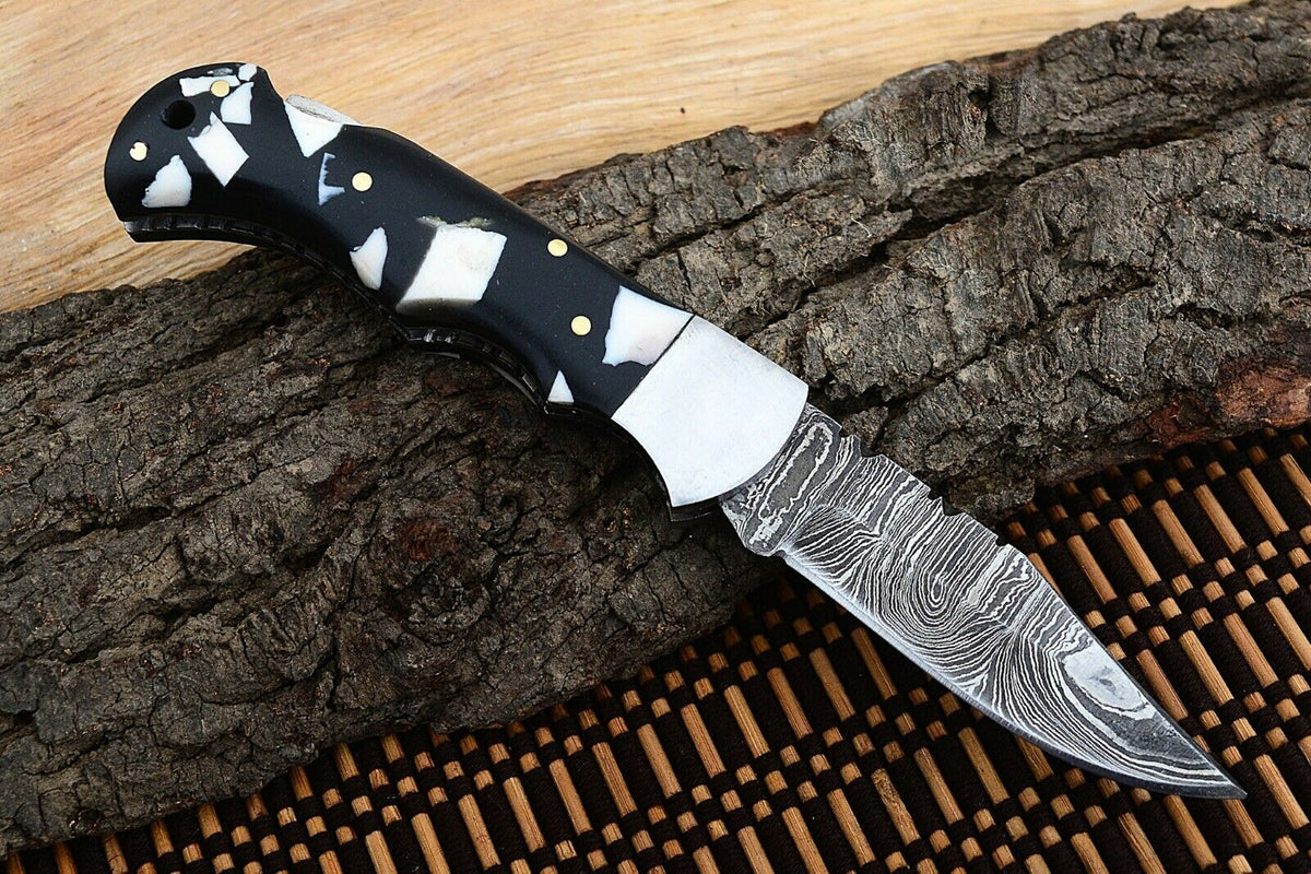 Best Folding Pocket Knife with Black and White Epoxy Resin and Steel Bolster Handle, 3-inch Blade Length