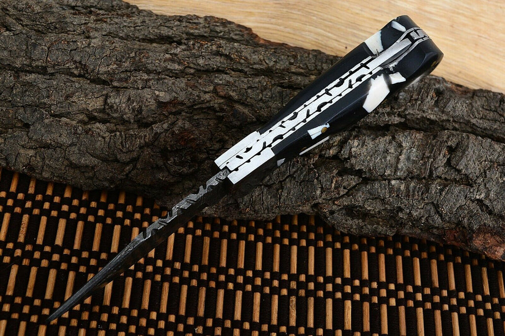 Best Folding Pocket Knife with Black and White Epoxy Resin and Steel Bolster Handle, 3-inch Blade Length