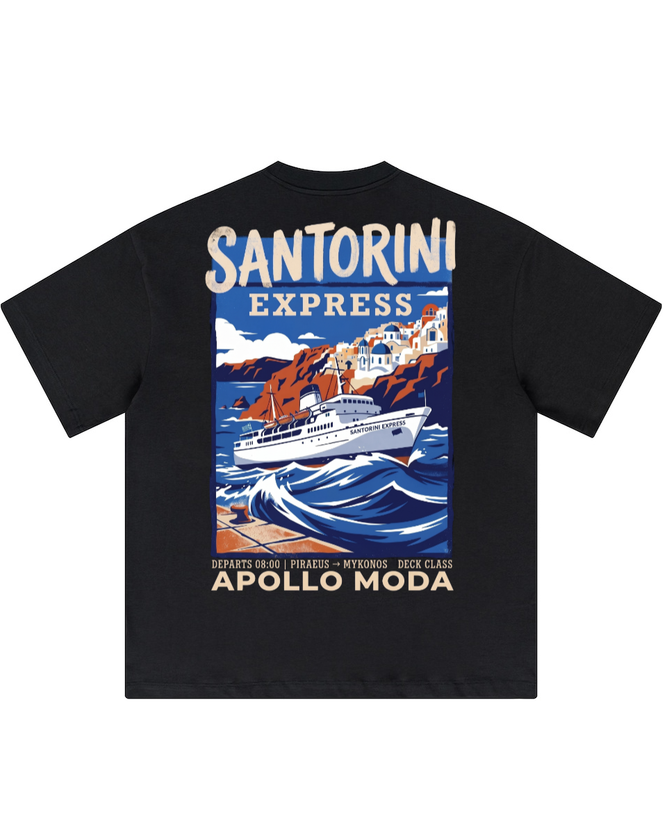 'Santorini Express' Oversized Graphic Tee — Black