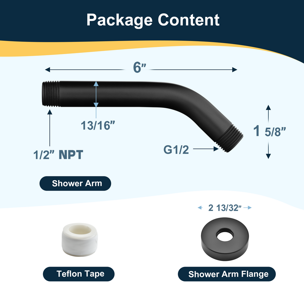 6-Inch Solid Brass Shower Arm with Universal G1/2 Connection