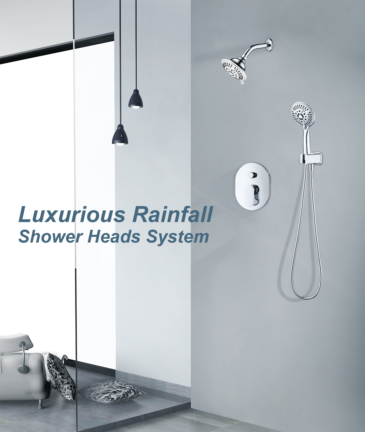 Dual Shower Head With High Rise Arm- Shower System with Valve and Trim Kit