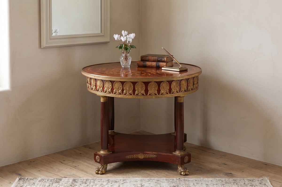Antique French Empire Round Marquetry Table